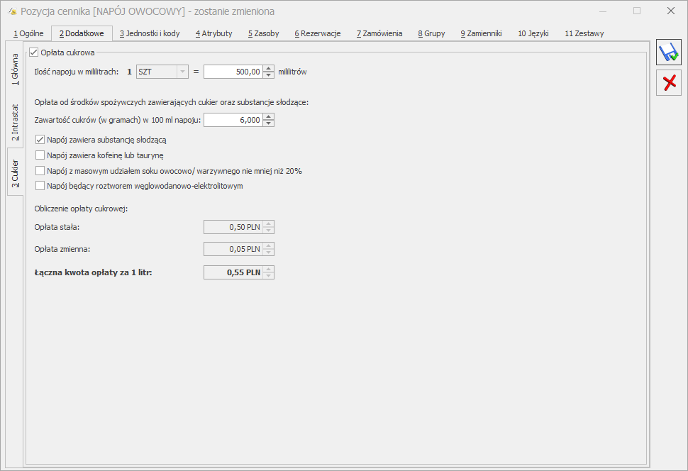 Opłata cukrowa na towarze w Comarch ERP Optima Handel Plus